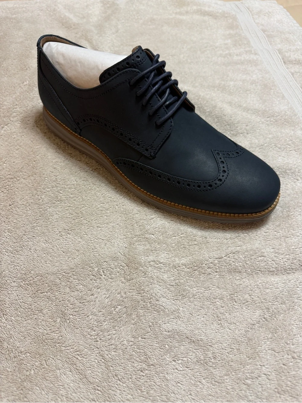 Cole Haan Navy Wingtip Derby with Brown Soles